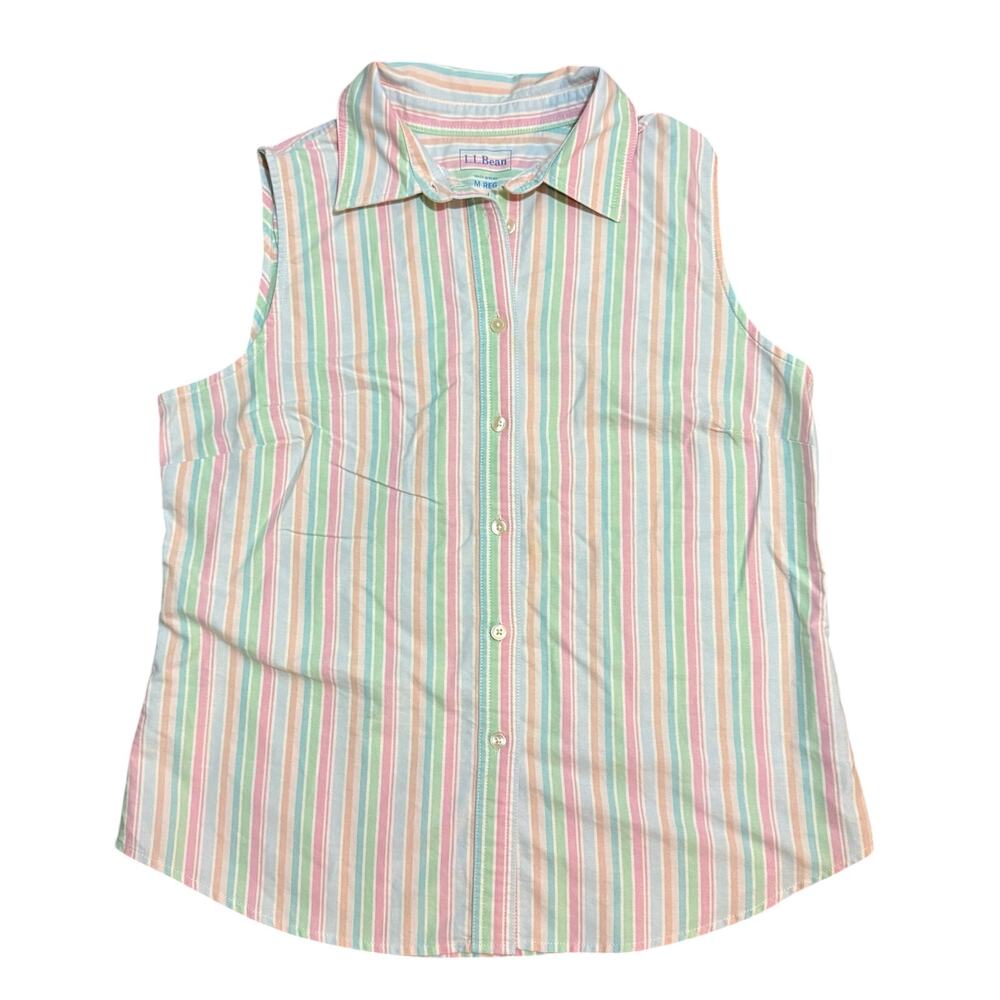 LL Bean Women's Sleeveless Rainbow Pastel Striped Collared Button Front Blouse M